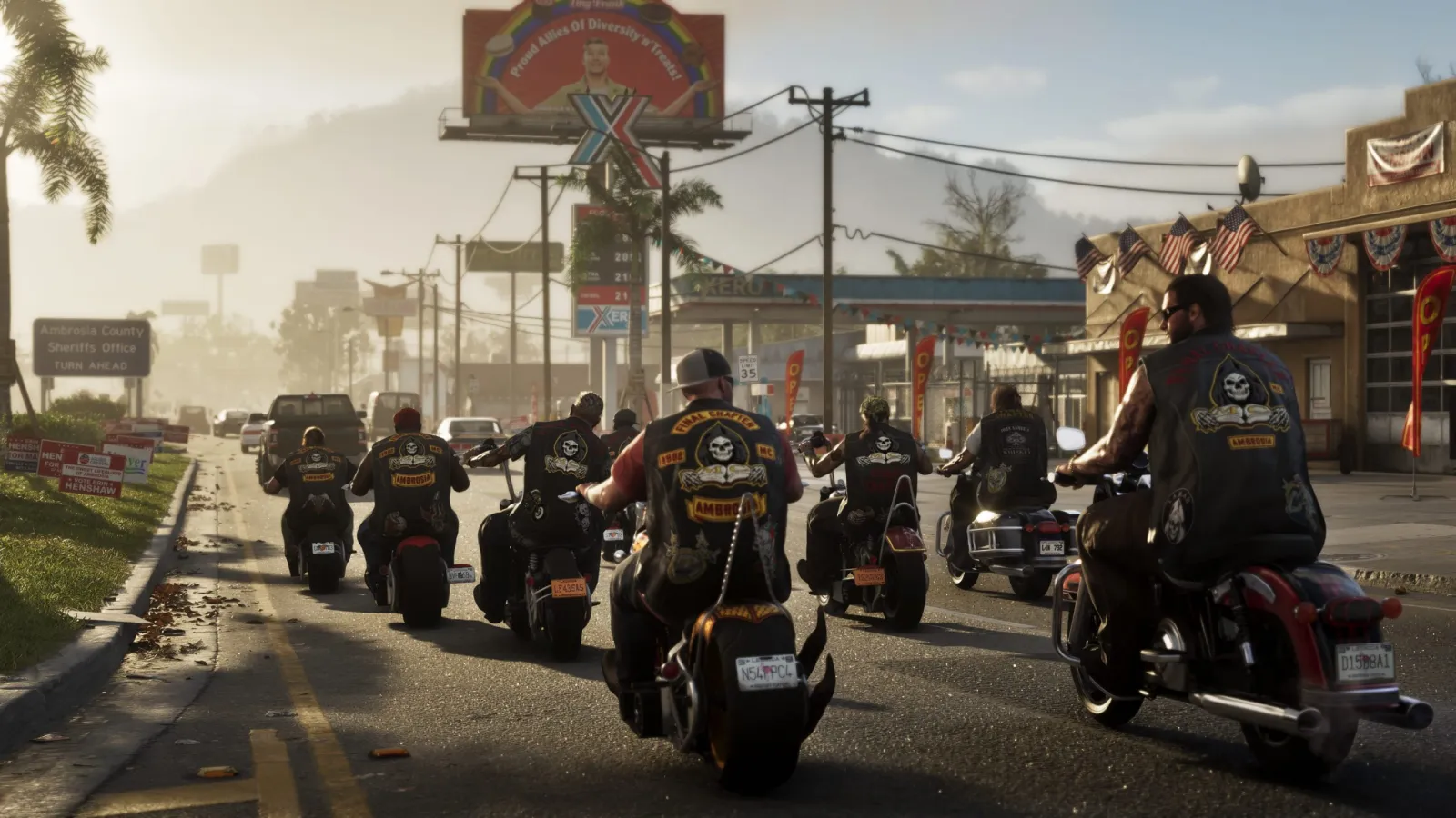 Eine Gruppe von Bikern auf einem Highway in Leonida vorbei an Werbetafeln in GTA 6.