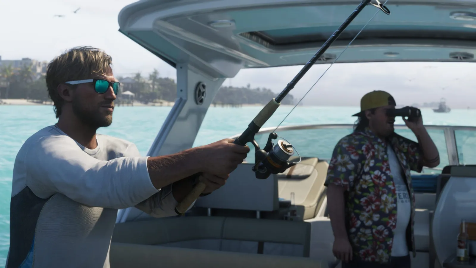 Jason pêchant depuis un bateau sur une eau turquoise dans les Leonida Keys dans GTA 6.