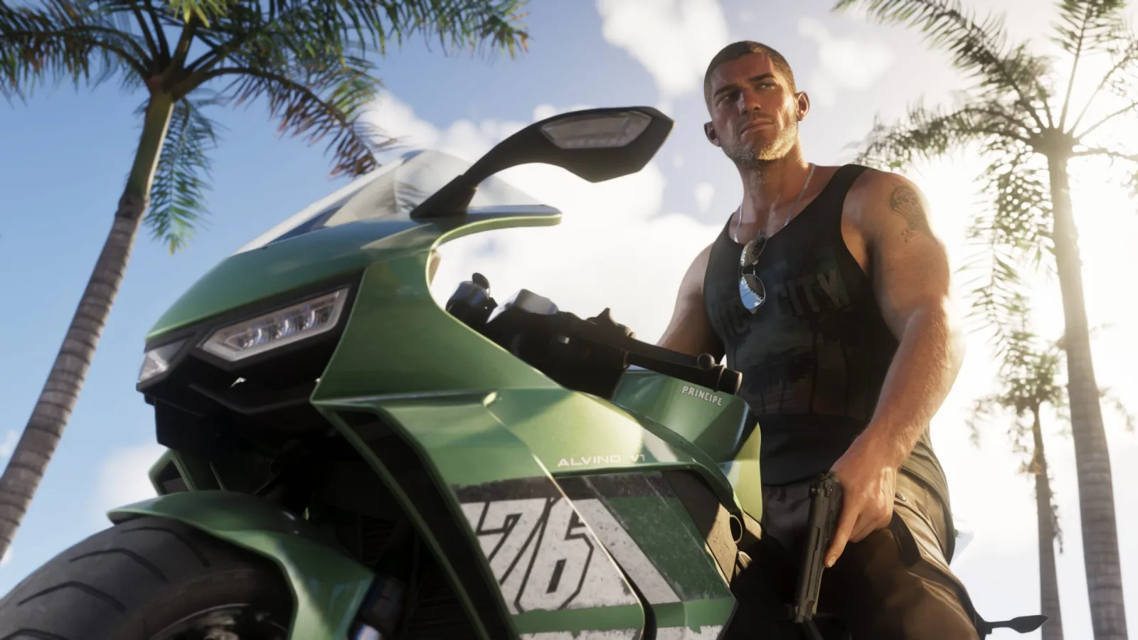 Jason and Lucia from GTA 6 together on a motorcycle on a neon city street at night.