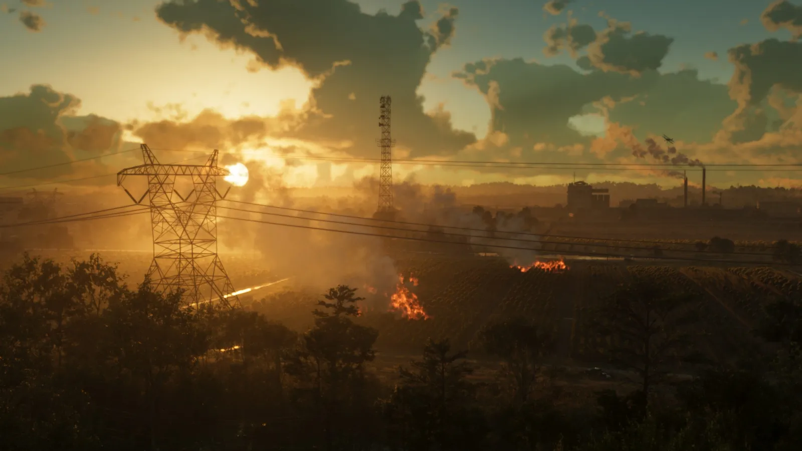 Vue aérienne de la campagne de Leonida à l'heure dorée dans GTA 6, terres agricoles, pylônes et un avion épandeur.