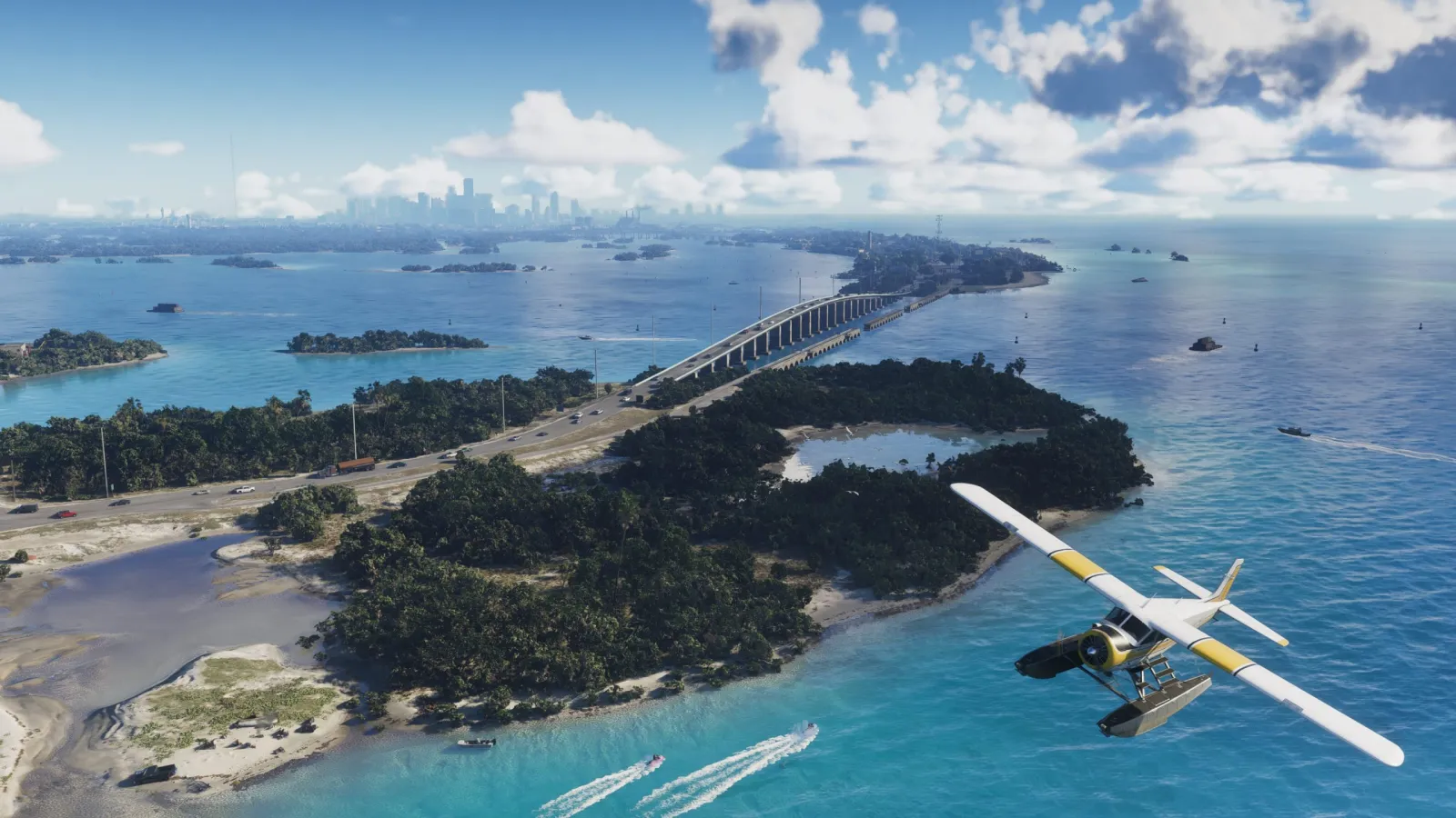 Aerial of the Leonida Keys in GTA 6 with a seaplane skimming turquoise water between green islands.