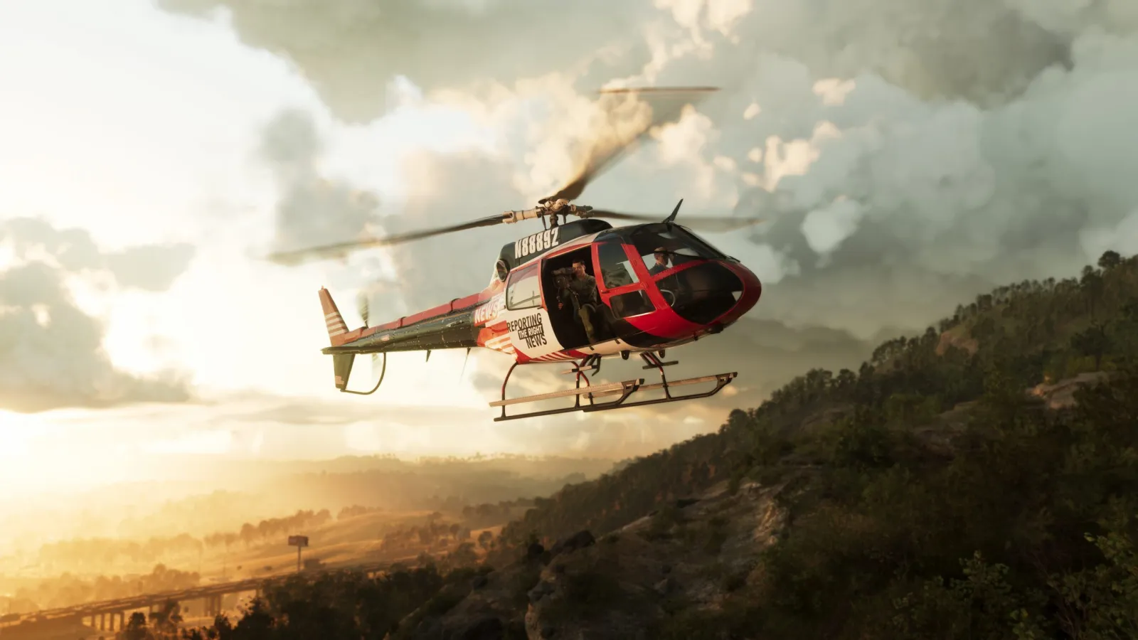 A helicopter flying low over a forested ridge at sunset in GTA 6's Mount Kalaga National Park.
