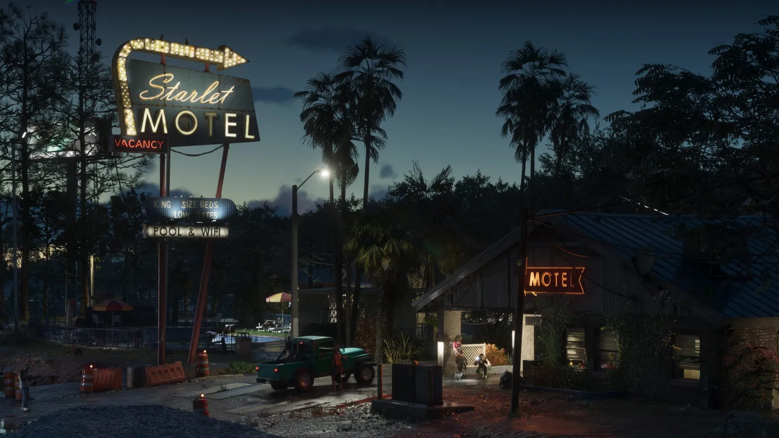 L'enseigne au néon rétro du Starlet Motel au crépuscule dans le Port Gellhorn de GTA 6.