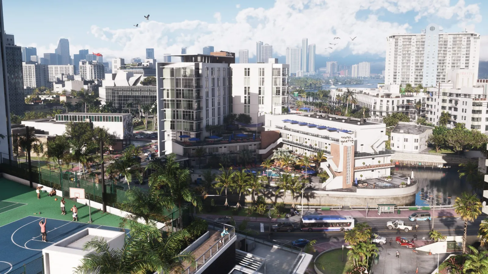 Aerial view of Vice City by day in GTA 6, the downtown skyline rising on the horizon.