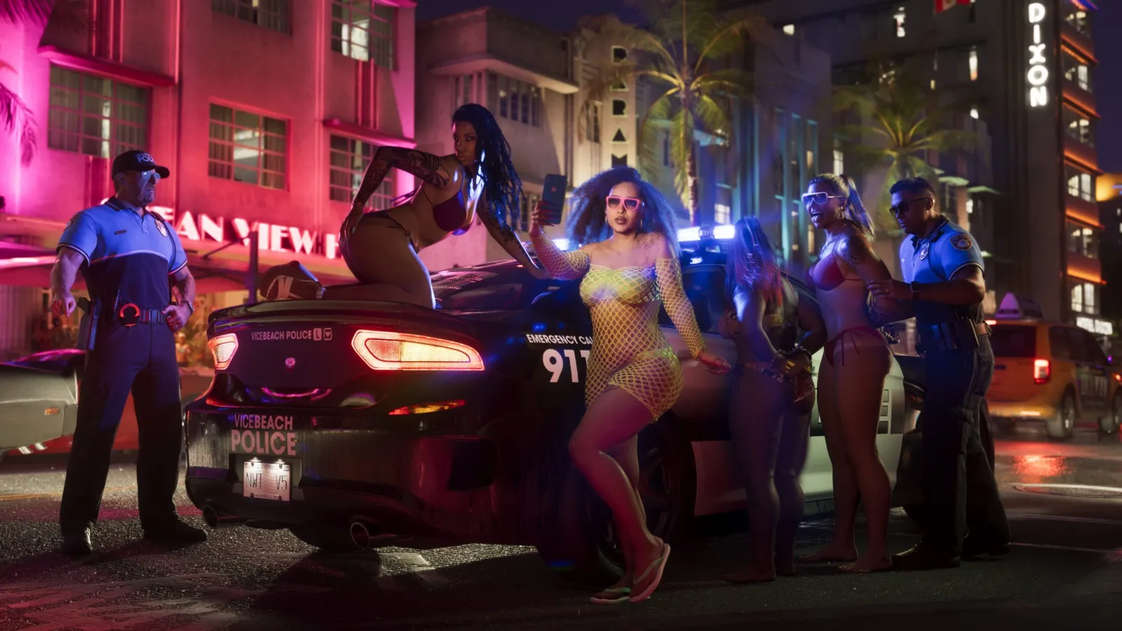 Eine nachts neonbeleuchtete Straße in Vice City in GTA 6, Menschen vor einem Art-déco-Hotel.