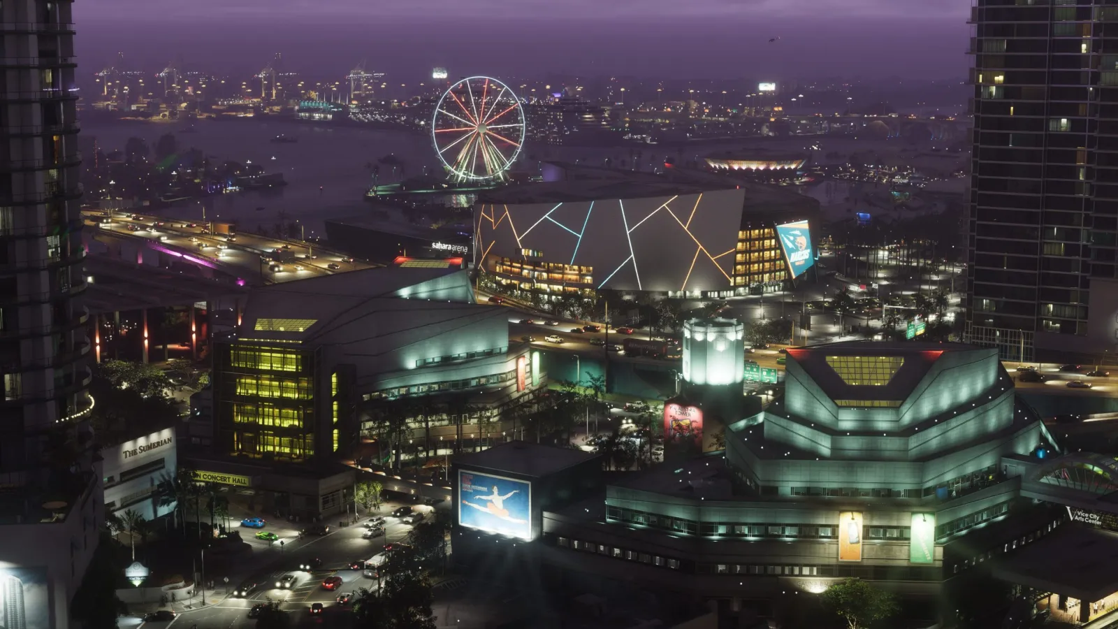 Aerial night view of the Vice City skyline in GTA 6, with a lit Ferris wheel and glowing waterfront.